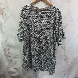 Catherines Shirt Womens 4X 30 32 Black Blouse Button Short Sleeve V Neck Chevron